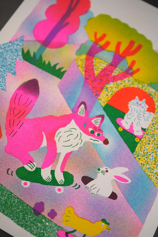 Skateboard Fox Cat Rabbit Bird 10x8 Risograph Wall Art