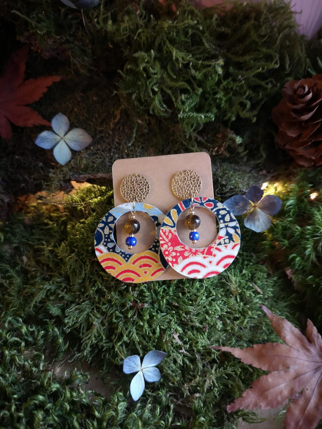 Boucles d&#039;oreilles - puces - papier washi - rondes - perles - La&amp;Titia 