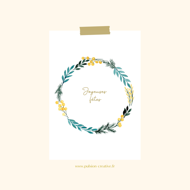 Carte de voeux aquarelle - Couronne Joyeuses fêtes