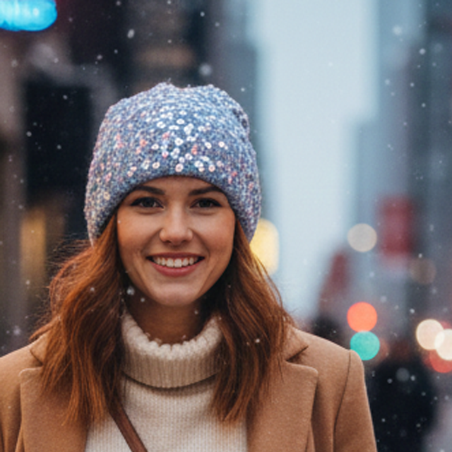Cappello a cuffia argento blu invernale in lana lavorato a maglia con paillettes fatto a mano