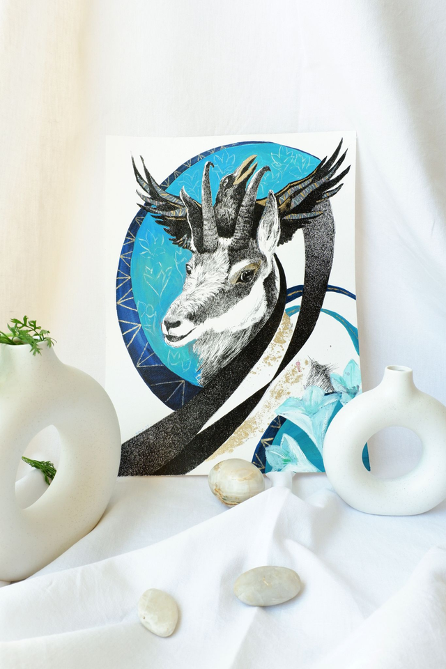 Illustration originale noir et blanc Le Chamois et le Corbeau 