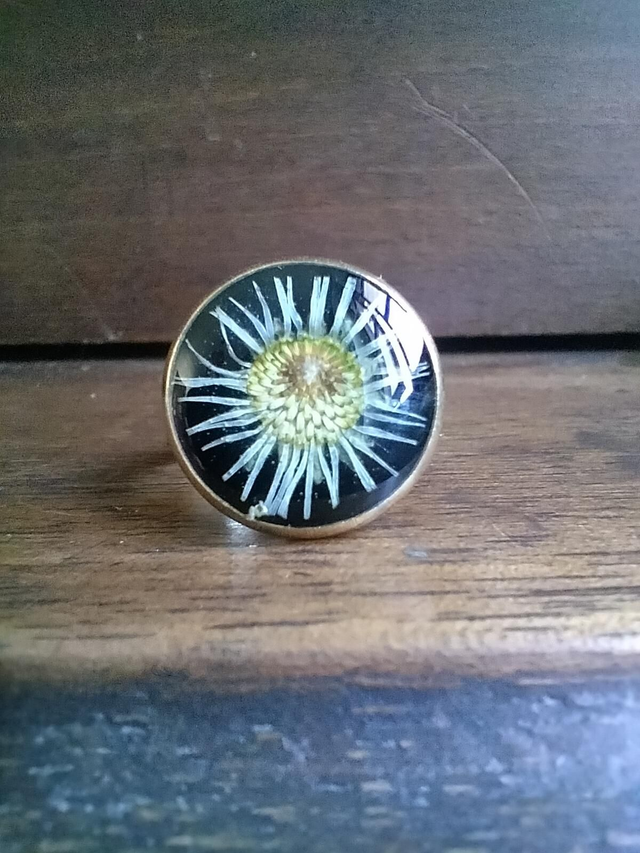 Bague forme ronde couleur or avec inclusion d'une fleur séchée.