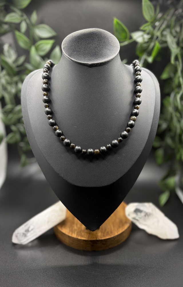 Collier Galdr - Onyx noire et Obsidienne dorée