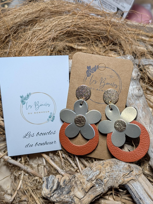 Boucles d'oreilles Baby Marguerite kaki vernis terracotta bm033