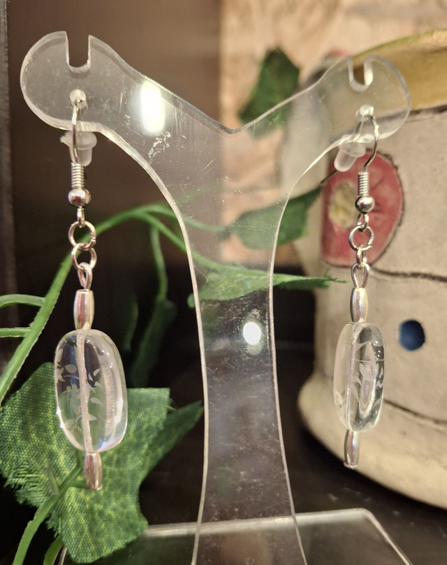 Boucles d'Oreilles verre ovales Charme Feuillage blanc