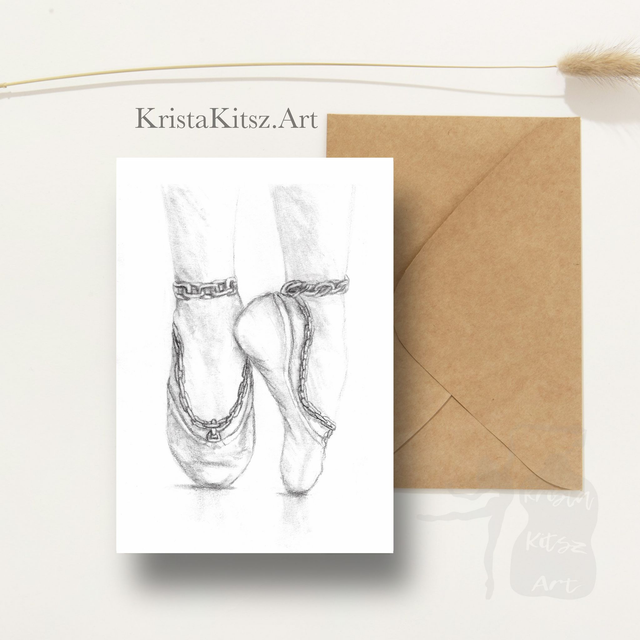 Ansichtkaart Ballet schoentjes tekenkunst , inclusief envelop, van origineel tekening 