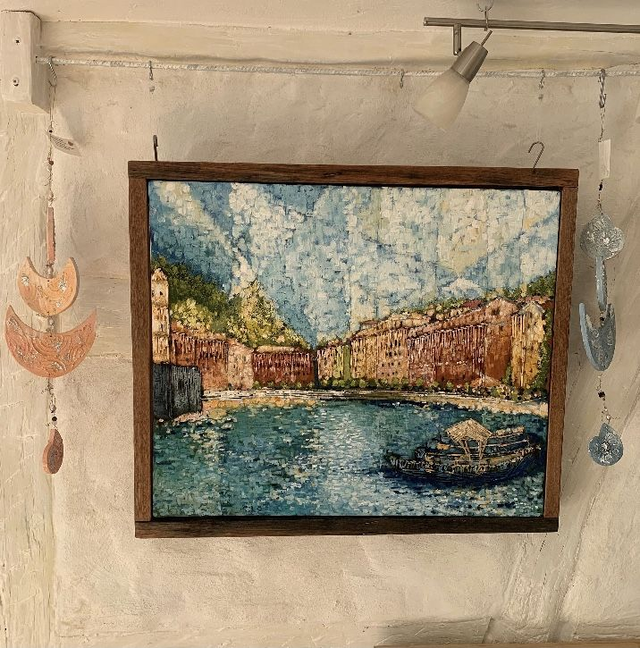 Eitempera „Cinque Terre“-  auf Leinwand Landschaft abstrakt mit Palettenholzrahmen