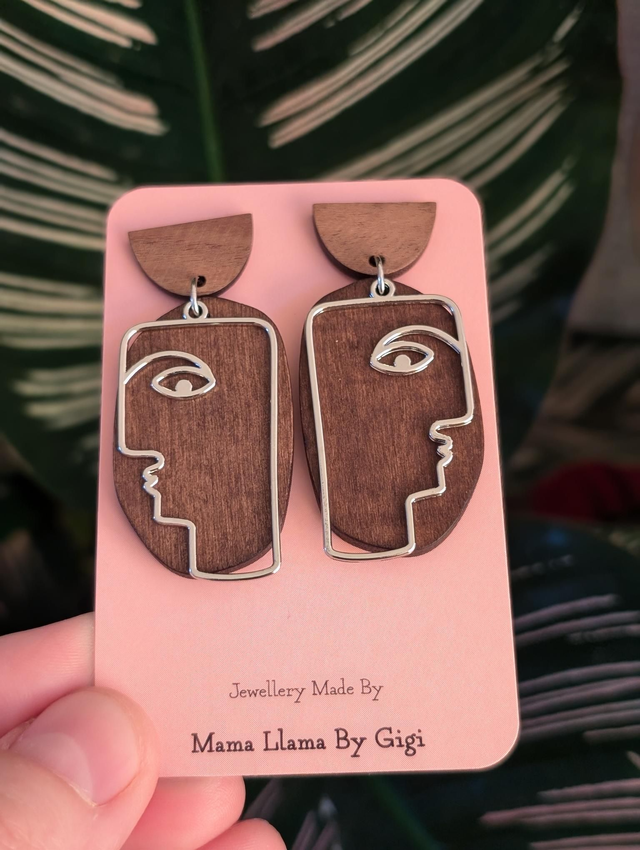 Modern Wood and Metal Face Outline Earrings