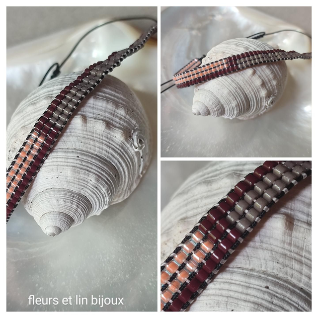 Bracelet tissé main en perles de verre miyuki rosé, taupe, bordeaux, réglable par fil de jade résistant 