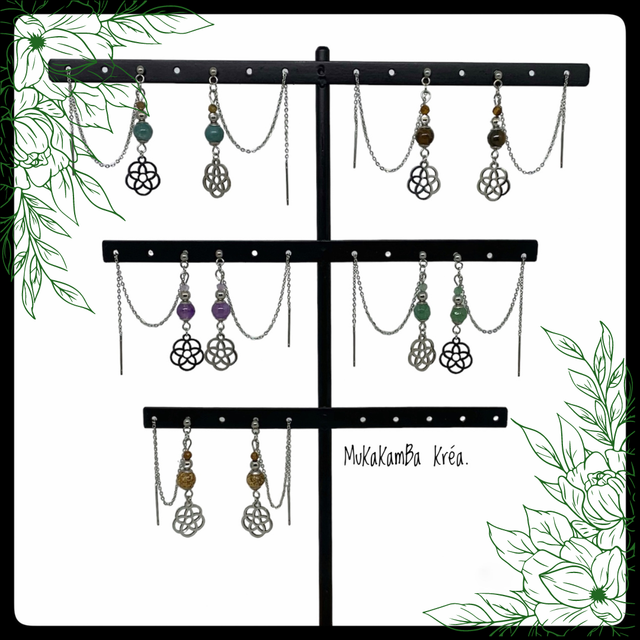 Boucles d’oreilles en acier inoxydable, chaînette à faire passer dans le second trou et perles en pierres naturelles