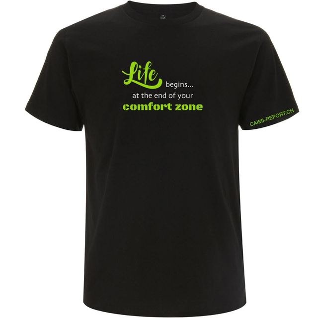 T-Shirt, schwarz, Unisex, «Life begins...» neongrün/weiss