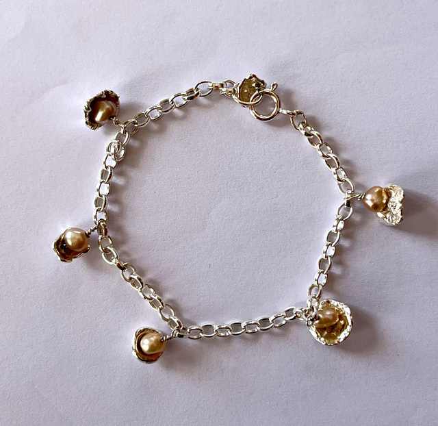 Pink Freshwater Pearl &amp; Recycled Silver Cup Charm Bracelet – Organic Handmade Design