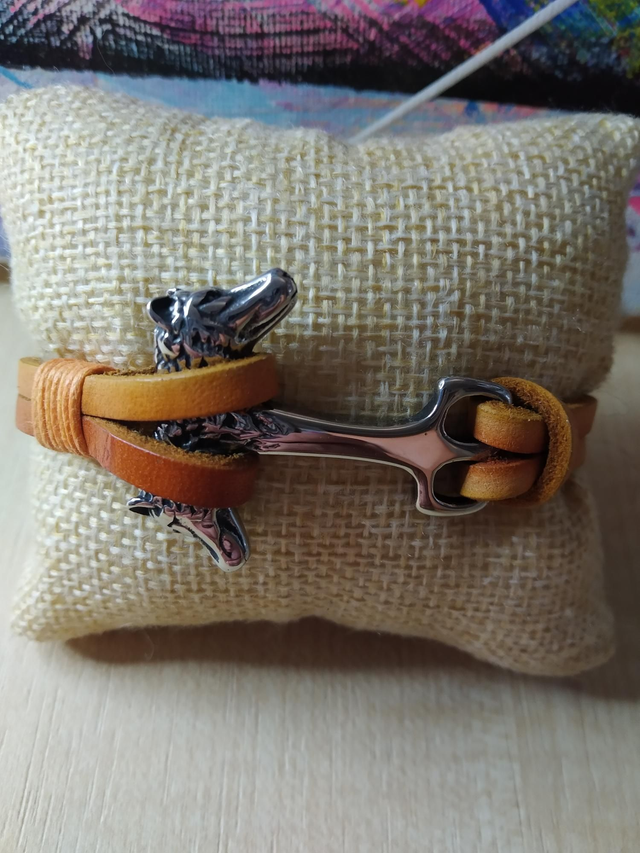 Bracelet cuir double lanières orange Loups 