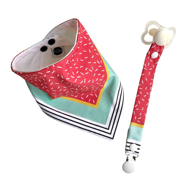 Coffret bavoir bandana + attache tétine - rouge, jaune et vert clair