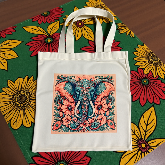 A tote bag featuring a colourful elephant in pastel teal and light reds, polyester canvas size H33cm xW29cm medium 