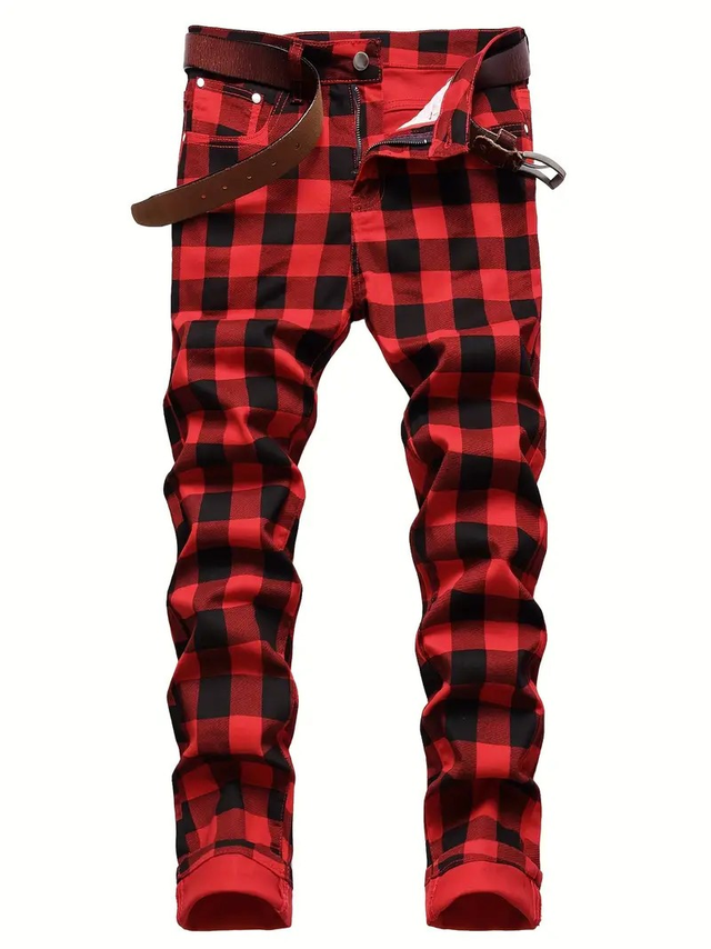 Men Festive Red &amp; Black Plaid Christmas Jeans 