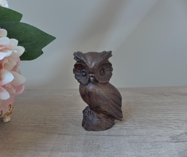 Sculpture hibou en résine imitation bois, Figurine hibou miniature marron signé Bidal, hibou décoration intérieur maison porte bonheur