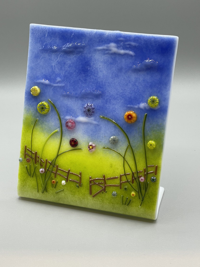 Freestanding fused glass countryside landscape broken gate