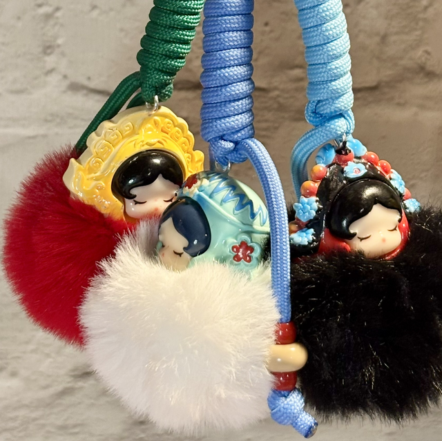 Oriental Skull Panda head figure Pom Pom rope keychain 3 designs