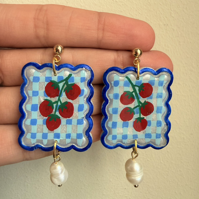 Blue Gingham Tomato Pearl Earrings