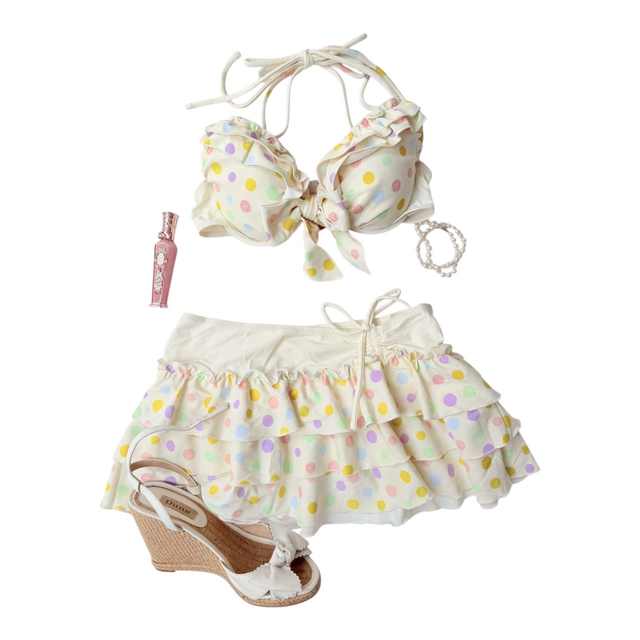BNWT coquette cream and colourful polka dot japanese 3 piece bikini set