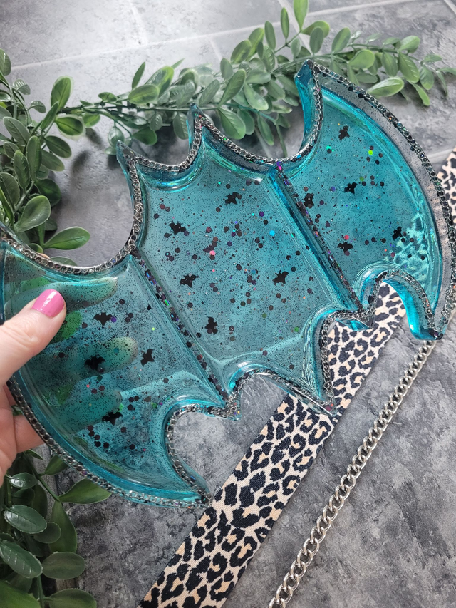 Trinket Tray - Large Bat Shape - Blue with bat charms and silver chain detail