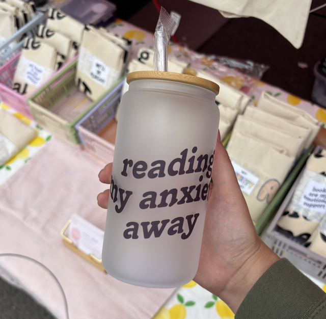 Reading my anxiety away - Sublimated Glass Can with Bamboo Lid and Straw