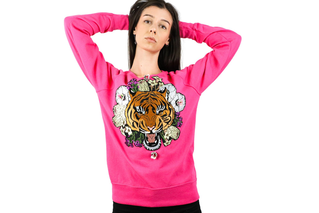 Sweat en Coton Rose avec Applique de Tigre Arrête Ton Char Tu Vas Me Faire Rougir