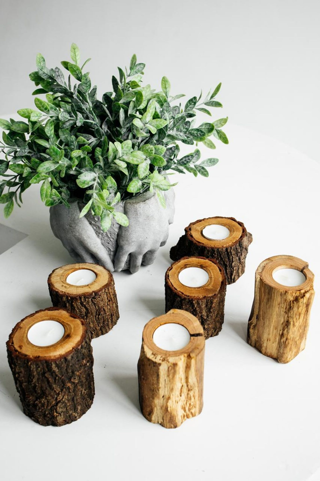 Photophores en bois rustique, bougeoirs en rondins naturels, décoration de ferme( lot 2 )