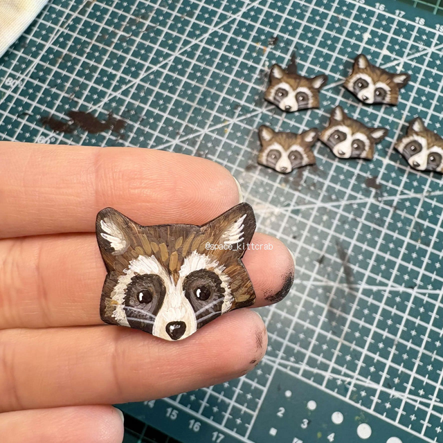 Raccoon handmade polymer clay pin