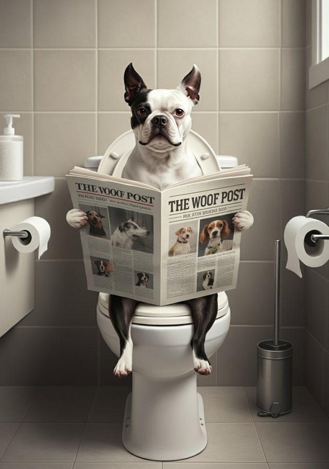 Boston Terrier on the Toilet Framed Canvas