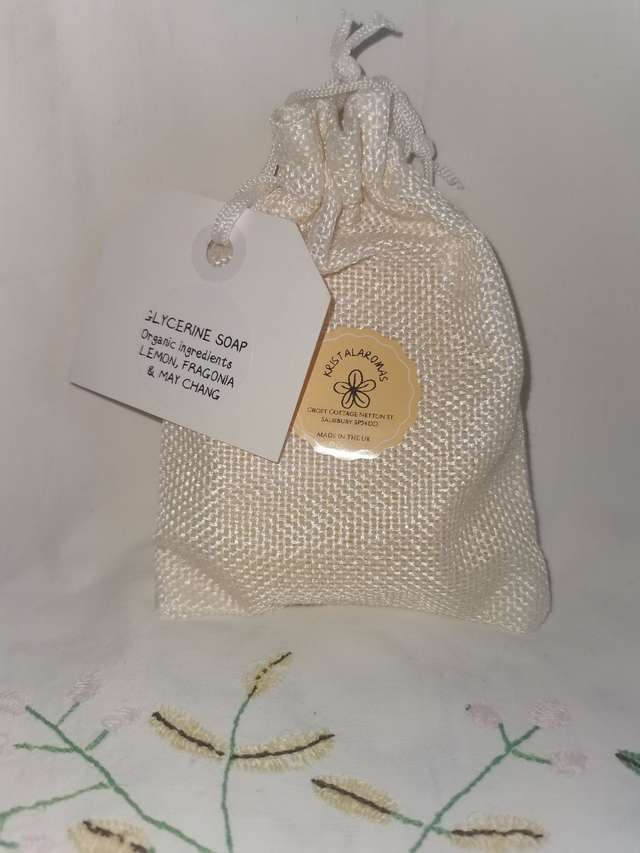 Glycerine Soap (organic ingredients) with organic Lemon, Fragonia &amp; May Chang  90g approx