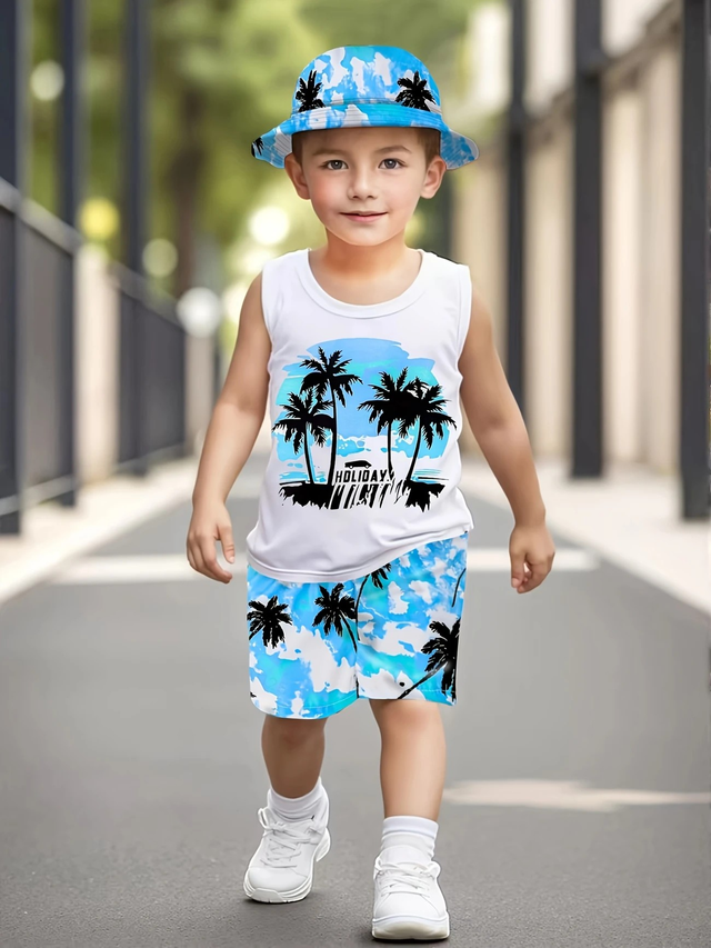 Boys 3pcs Set of Young Casual Tropical Rainforest Coconut Tree Print