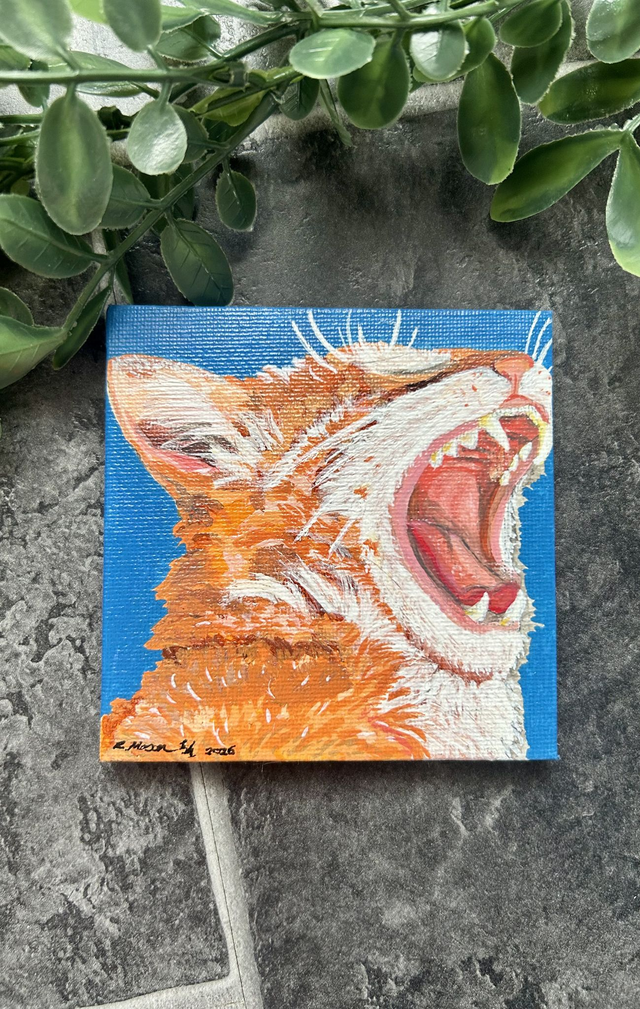 Original Mini Canvas Painting – Ginger Cat Yawn – Original Acrylic Painting (1/1)