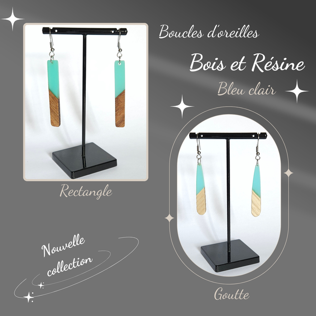 Boucles d&#039;oreilles BLEU clair en Bois &amp; Résine