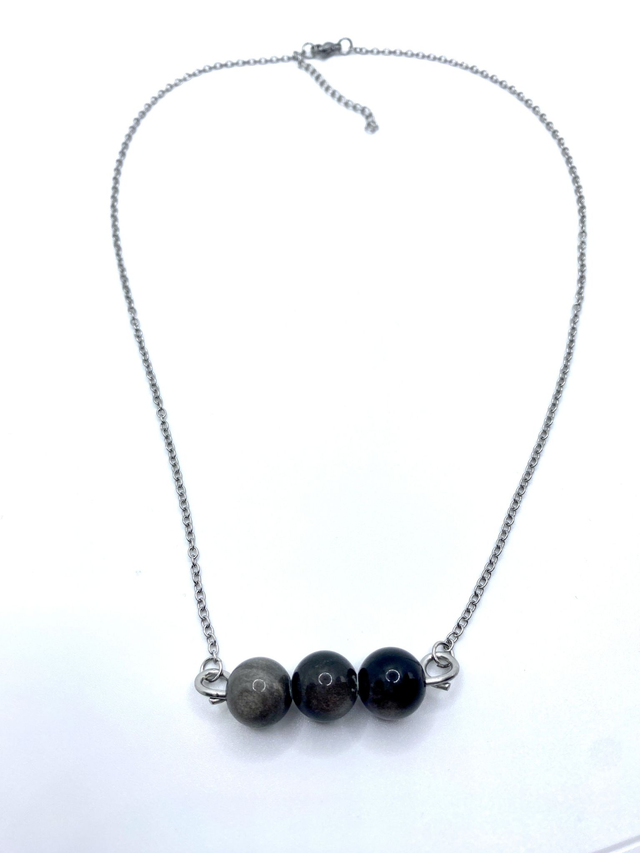 Pendentif Trio en Obsidienne Argentée – Chaine acier inox