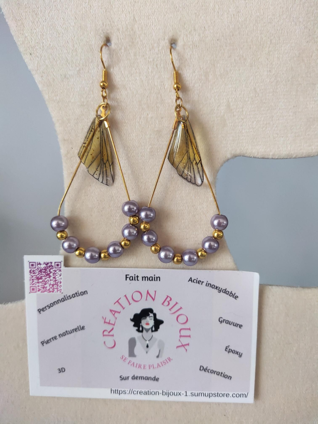 Boucle d'oreille aile fée et perle 