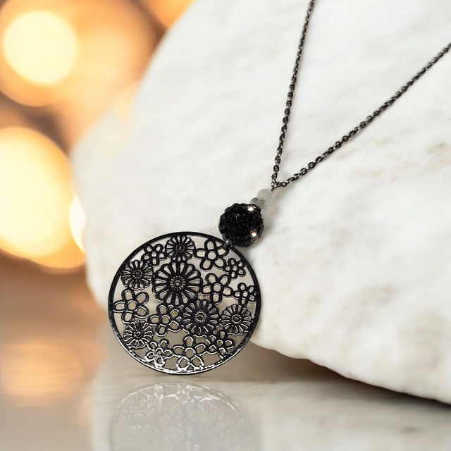 Collier acier inoxydable et cristal noir