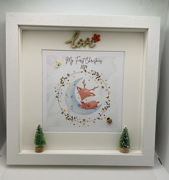 Personalised First Christmas frame and album set. Reindeer design.