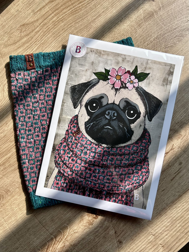 Pug Dog In Floral Mixed Media Art Print A4