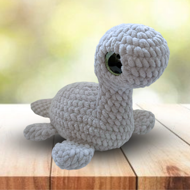 Crochet Plush Chenille Nessie, Grey, Glitter Eyes, Ukca tested