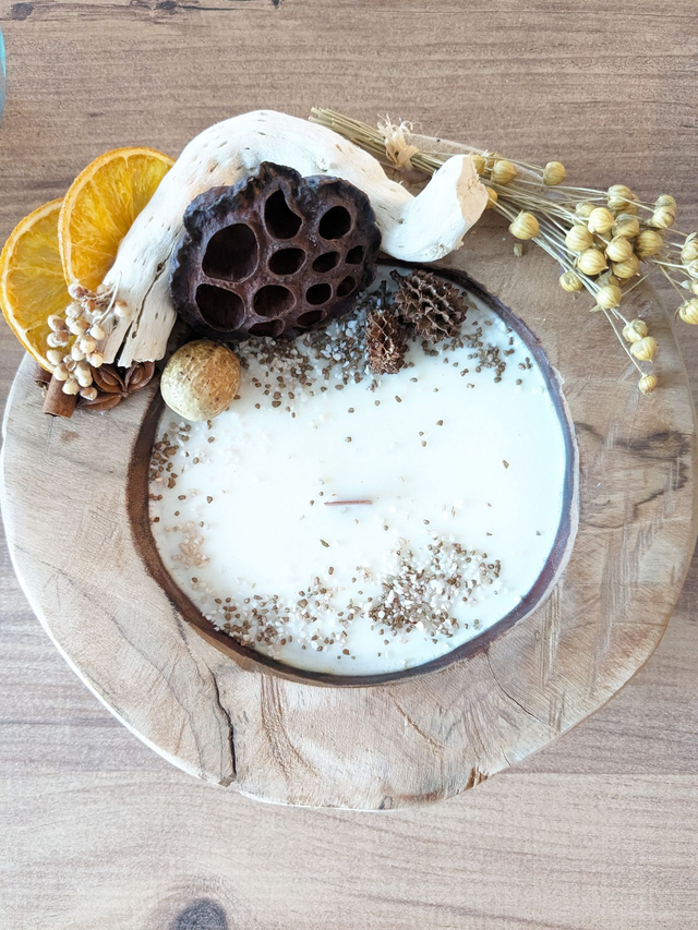 Bougie bois et fleurs séchées  Taille L