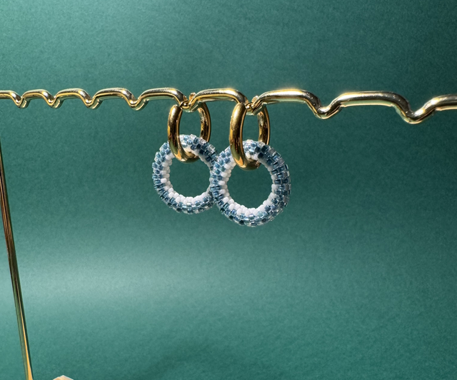 Créoles Anneau de Perles Tissées - Bleue ciel et Blanc- Acier Inoxydable 