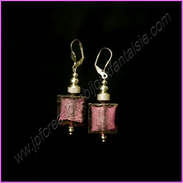 Boucles d'oreilles acier inoxydable et verre style Murano prune