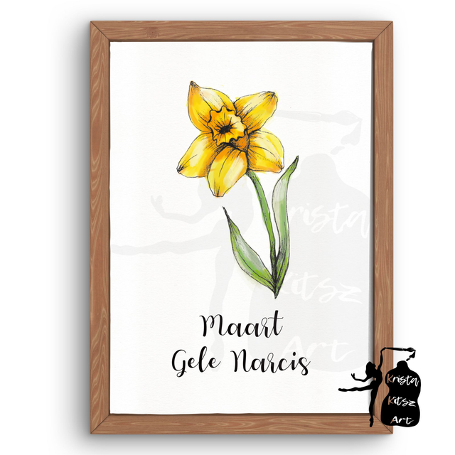 Geboortebloem Maart Narcis in kleur,  luxe kunstprint op fine art papier van originele tekening, met of zonder tekst 
