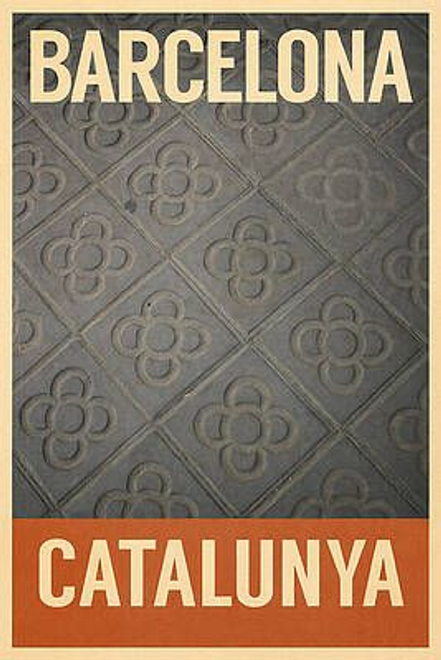 Barcelona, ​​Catalunya. Póster vintage de viaje con adoquines florales.