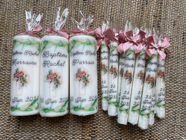 Bougie baptême personnalisée croix feuilles d&#039;olivier 