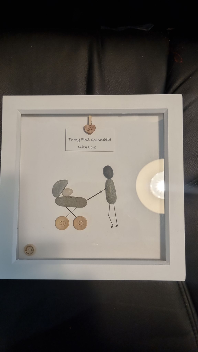 Irish, Hand Crafted, Personalised, Pebble Art New Baby Picture- with Pram