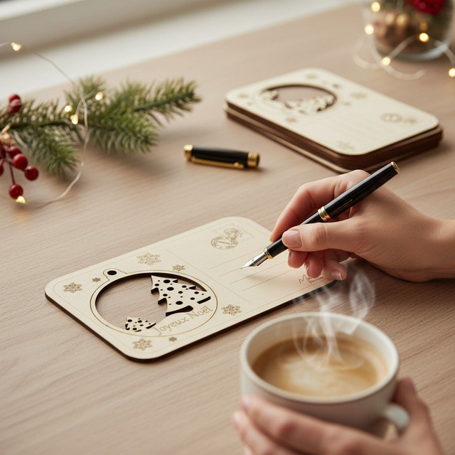 Carte postale avec boule de Noël en bois, gravée et personnalisée - décoration de sapin, déco 2 Sapins
