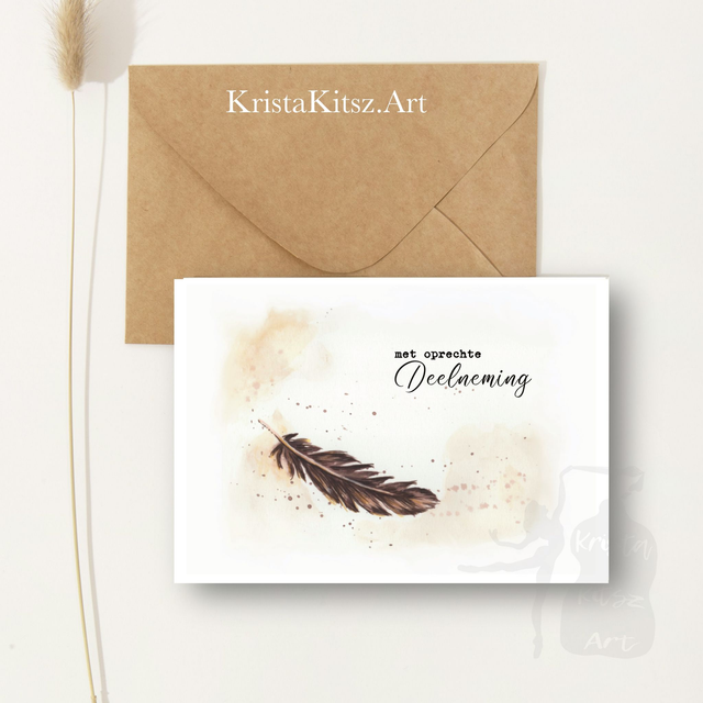 Gevouwen condoleance kaart, Oprechte deelneming , veer aquarel